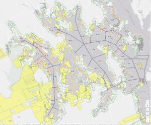 Cobscook Bay Rockweed Management Area map with conserved lands, tax parcels, rockweed ledges and rockweed harvest sectors.